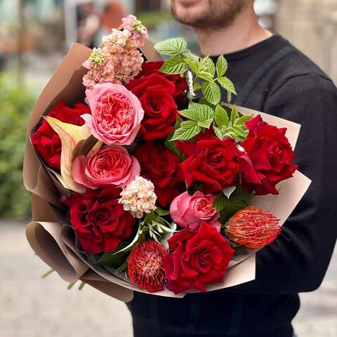 Bright bouquet with luxurious roses «Shine of Ruby», Flowers: Anthurium, Leucospermum, Rose, Pion-shaped rose, Matthiola, Rubus Idaeus