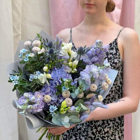 Bouquet «Blue field», Flowers: Hydrangea, Eryngium, Freesia, Delphinium, Lagurus, Oxypetalum, Eucalyptus, Spray Chrysanthemum