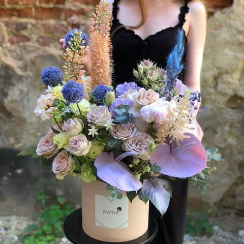 Pastel colorful composition «Adventures in Provence», Flowers: Anthurium, Paeonia, Eustoma, Hydrangea, Allium, Eremurus, Pion-shaped rose, Lagurus, Rubus Idaeus, Dianthus, Peony Spray Rose, Eucalyptus, Lavandula, Kaaps Seruria