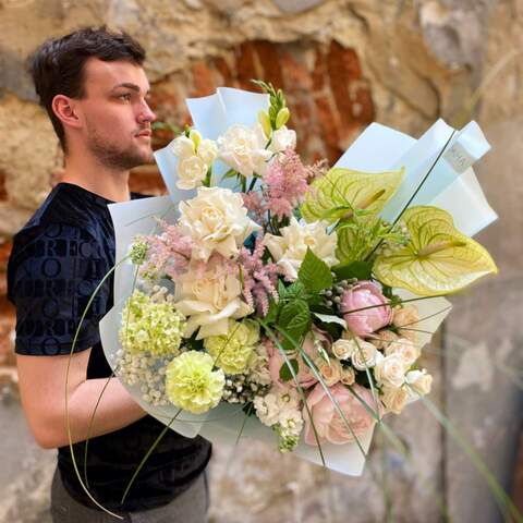 Bouquet «Mirage», Flowers: Rose, Anthurium, Paeonia, Astilbe, Gypsophila, Dianthus, Matthiola, Freesia, Brunia