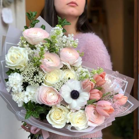 Light bouquet «Melody of love», Flowers: Ranunculus, Syringa, Tulipa, Ozothamnus, Rose, Dianthus, Pittosporum, Anemone
