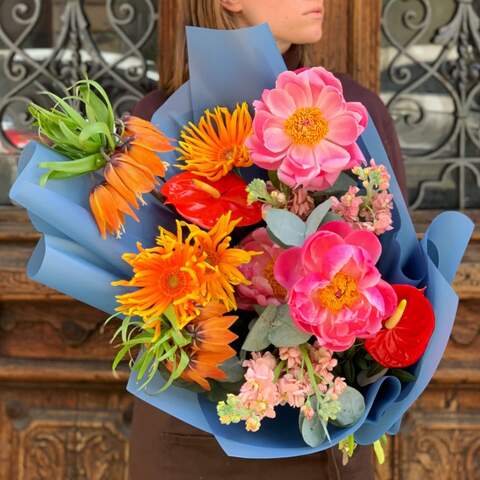 Bouquet «Summer», Flowers: Paeonia, Matthiola, Gerbera, Eucalyptus, Anthurium