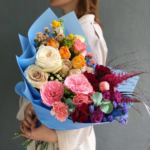 Bouquet «Tuscany», Flowers: Rose, Pion-shaped rose, Astilbe, Eucalyptus, Limonium, Tulipa, Tulip pion-shaped, Dianthus, Hypericum, Eustoma, Brunia