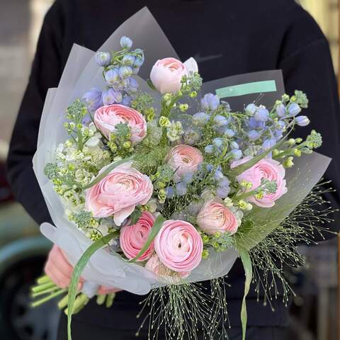 Mesmerizing bouquet of soft-pink ranunculus and fragrant matthiola «Charming Tetyana», Flowers: Ranunculus, Matthiola, Delphinium, Panicum