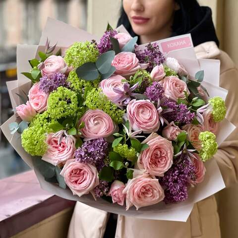 Spring bouquet of luxurious ranunculi and fragrant lilacs «Inspiration by the Sun», Flowers: Pion-shaped rose, Ranunculus, Viburnum, Clematis, Tulip pion-shaped
