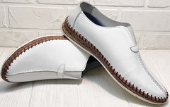 Белые кожаные слипоны туфли мужские летние деловой кэжуал Luciano Bellini 91724-S-304 All White.