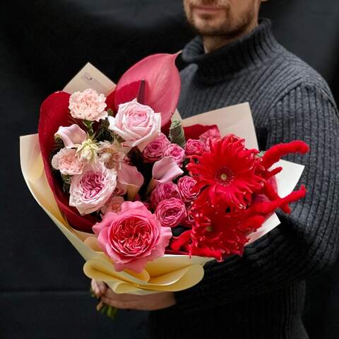 Bouquet «Playful Kiss», Flowers: Pion-shaped rose, Gerbera, Zantedeschia, Kaaps Seruria, Tulipa, Dianthus, Anthurium