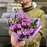 Photo of Spring purple bouquet of tulips, genista and clematis «Lavender stream»