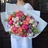 Photo of Delicately-bright bouquet with peonies, roses and lilac