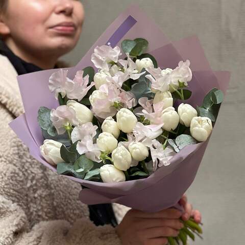 Spring bouquet with tulips and lathyrus «First Swallows», Flowers: Eucalyptus, Tulipa, Lathyrus