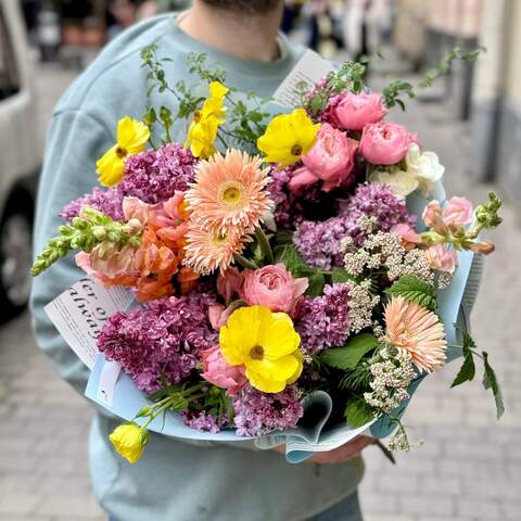 Colorful spring bouquet «Favorite candy», Flowers: Syringa, Peony Spray Rose, Ranunculus, Freesia, Gerbera, Antirinum, Ozothamnus