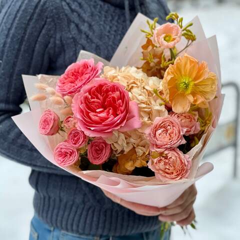Bouquet «Orange cookies», Flowers: Pion-shaped rose, Hydrangea, Papaver, Anigosanthus, Peony Spray Rose, Eucalyptus