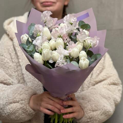 Photo of Spring bouquet with tulips and lathyrus «First Swallows»