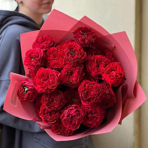 Incredible peony roses in a bouquet «Fiery Love», Flowers: Red Eye peony roses, 27 pcs.