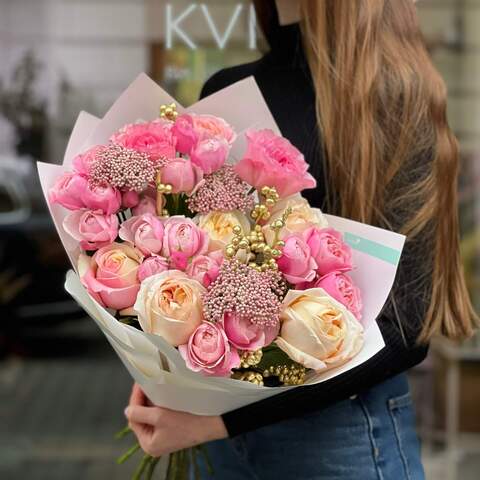 Photo of Soft pink bouquet with a creamy shade made of peony roses and ilex «Candy for Mariyka»