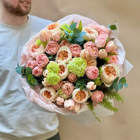 Photo of Luxurious bouquet with peony roses and tulips «Loud happiness»