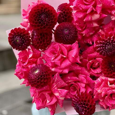 Photo of Bright bouquet with dahlias and roses «Fiery Lyudmila»