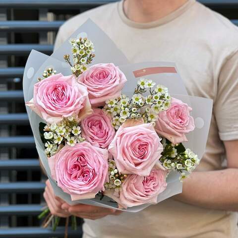 Bouquet «Pink blossom», Flowers: Pion-shaped rose, Chamelaucium