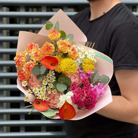 Bouquet «Colorful joy», Flowers: Zantedeschia, Peony Spray Rose, Tanacetum, Celosia, Eucalyptus, Achillea, Phlox