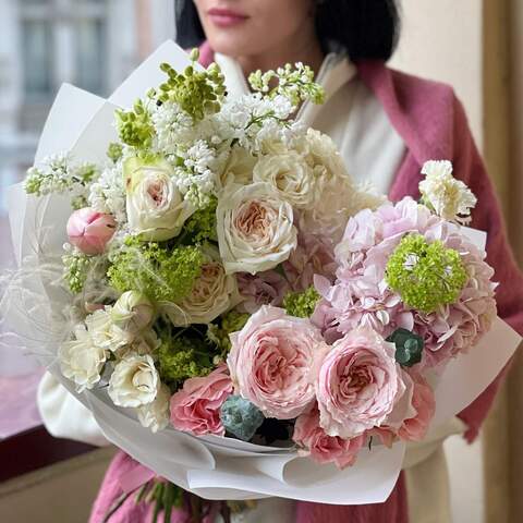 Bouquet «Cotton Candy», Flowers: Pion-shaped rose, Syringa, Viburnum, Tulipa, Hydrangea, Eucalyptus, Stipa