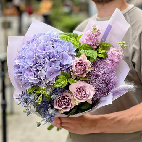 Bouquet «Violet Ice cream», Flowers: Hydrangea, Allium, Rose, Matthiola, Lagurus, Raspberry twigs