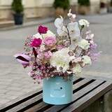 Photo of Charming composition in a box with amaryllis and anemones «Silver Fairy tale»