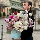 Photo of Charming composition in a box with amaryllis and anemones «Silver Fairy tale»