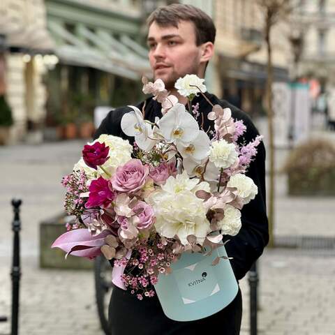 Photo of Charming composition in a box with amaryllis and anemones «Silver Fairy tale»