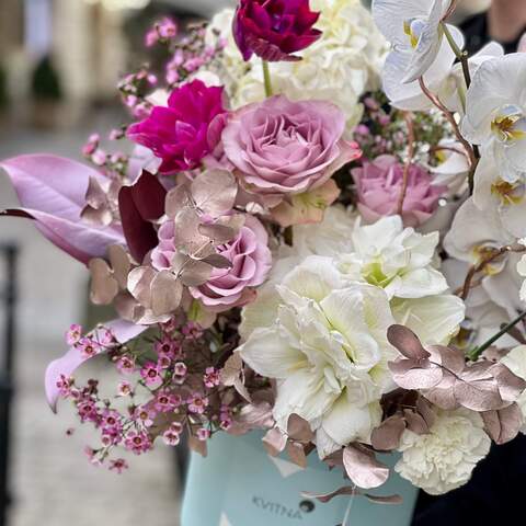 Photo of Charming composition in a box with amaryllis and anemones «Silver Fairy tale»