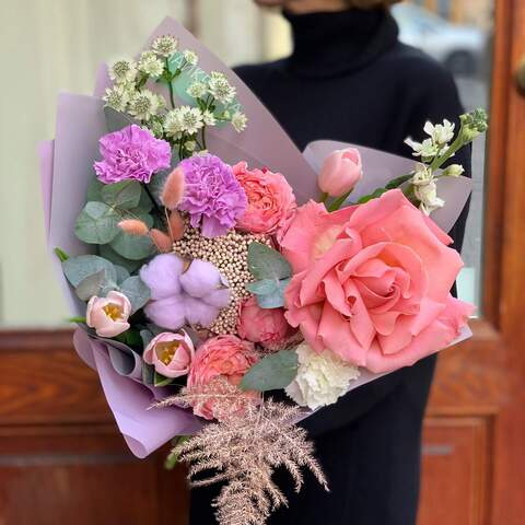 Bouquet «Ruddy Dawn», Flowers: Rose, Pion-shaped rose, Dianthus, Gossypium, Lagurus, Tulipa, Matthiola, Astrantia, Eucalyptus