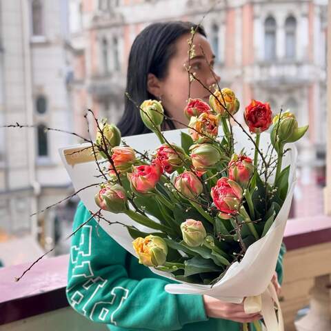 Stylish bouquet with Gudoshnik premium tulips «French Greetings», Flowers: Tulip pion-shaped of Gudoshnik variety, 15 pcs.