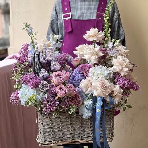 Incredibly beautiful flower basket in the colors of the romantic city «Lviv in Love», Flowers: Hydrangea, Syringa, Delphinium, Rose, Hyacinthus, Pittosporum
