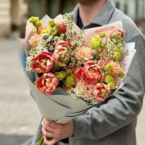 Весенний букет с французскими тюльпанами «Весна в Париже», Цветы: Хамелациум, Эустома, Тюльпан французский
