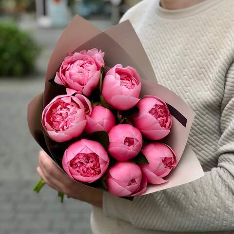 Bouquet of 9 Etched Salmon peonies «Romantic moment», Flowers: Paeonia, 9 pcs.