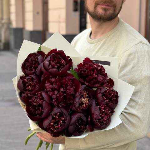 Bouquet of 11 rich burgundy peonies «Cherry in chocolate», Flowers: Paeonia, 11 pcs.