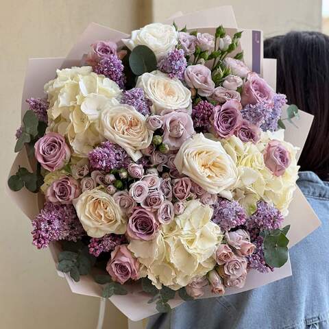 Bouquet «The most tender hugs», Flowers: Hydrangea, Pion-shaped rose, Bush Rose, Syringa, Rose, Eucalyptus
