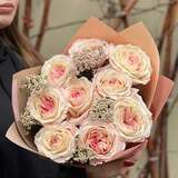 Photo of Exquisite bouquet of peony roses of Mayra's Bridal Pink variety & ozothamnus «Her Mysteriousness»