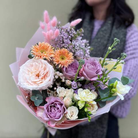 Bouquet «Lavender tenderness», Flowers: Pion-shaped rose, Matthiola, Gerbera, Syringa, Rose, Freesia, Eucalyptus, Lagurus