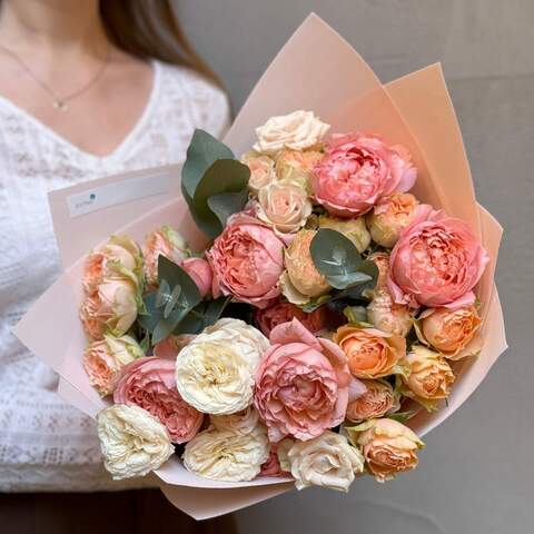 Mix of spray peony roses «Multicolored Marshmallow», Flowers: Peony Spray Rose, 7 branches