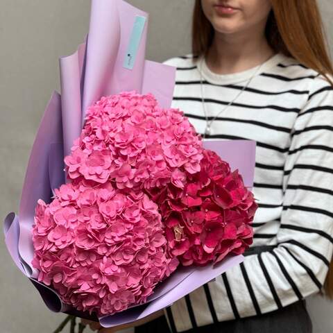 Photo of 3 bright hydrangeas in a bouquet «Raspberry for Sonya»