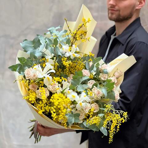 Bouquet «Gift of spring», Flowers: Mimosa, Iris, Eucalyptus, Forsythia, Bush Rose