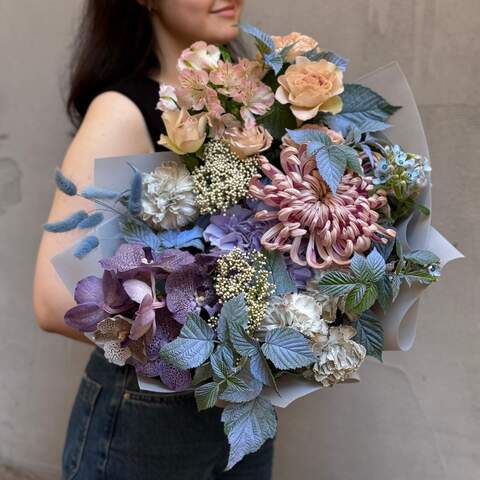 Pastel bouquet with chrysanthemum «Foggy Lviv», Flowers: Ozothamnus, Dianthus, Bush Rose, Rubus Idaeus, Vanda, Lagurus, Alstroemeria, Chrysanthemum, Hydrangea