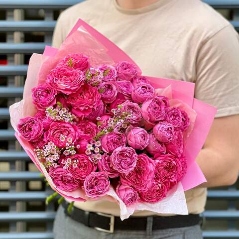 Букет «Розовая пенка», Цветы: Роза кустовая, Хамелациум