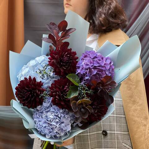 Bouquet «Velvet of the Sky», Flowers: Dahlia, Hydrangea, Viburnum (berries), Cotinus
