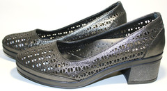 Кожаные туфли с перфорацией. Женские туфли на толстом каблуке 4 см. Черные туфли летние Marani Magli Black Silver.