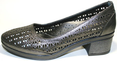 Кожаные туфли с перфорацией. Женские туфли на толстом каблуке 4 см. Черные туфли летние Marani Magli Black Silver.