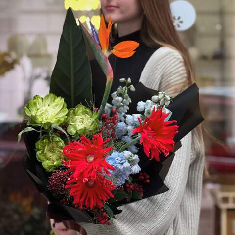 Exotic bouquet with strelizia, interesting roses and gerberas «Color flash», Flowers: Strelitzia, Gerbera, Rose, Delphinium, Panicum, Skimmia