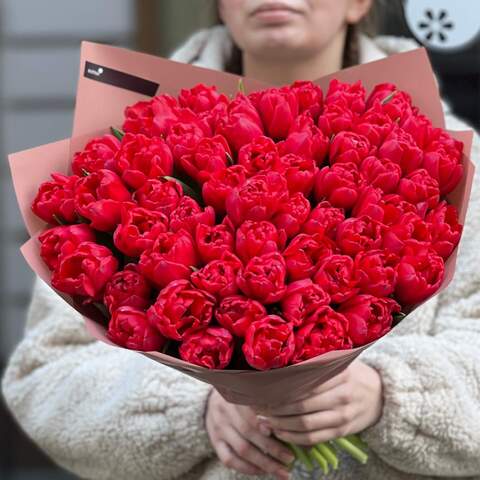 Photo of 61 peony shaped tulips in a bouquet «Perfect Red»