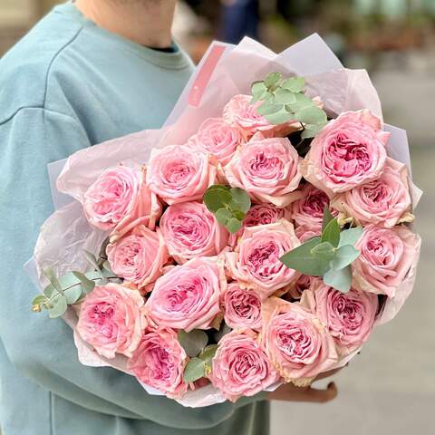 21 Pink O'Hara peony roses in a bouquet «Romantic Gesture», Flowers: Pion-shaped rose of Pink O'Hara variety - 21 pcs., Eucalyptus