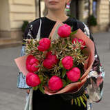 Photo of Bright bouquet of 9 peonies and leucadendron «Coral morning»
